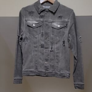 Mens EMBELLISH Distressed Gray Denim Jacket.